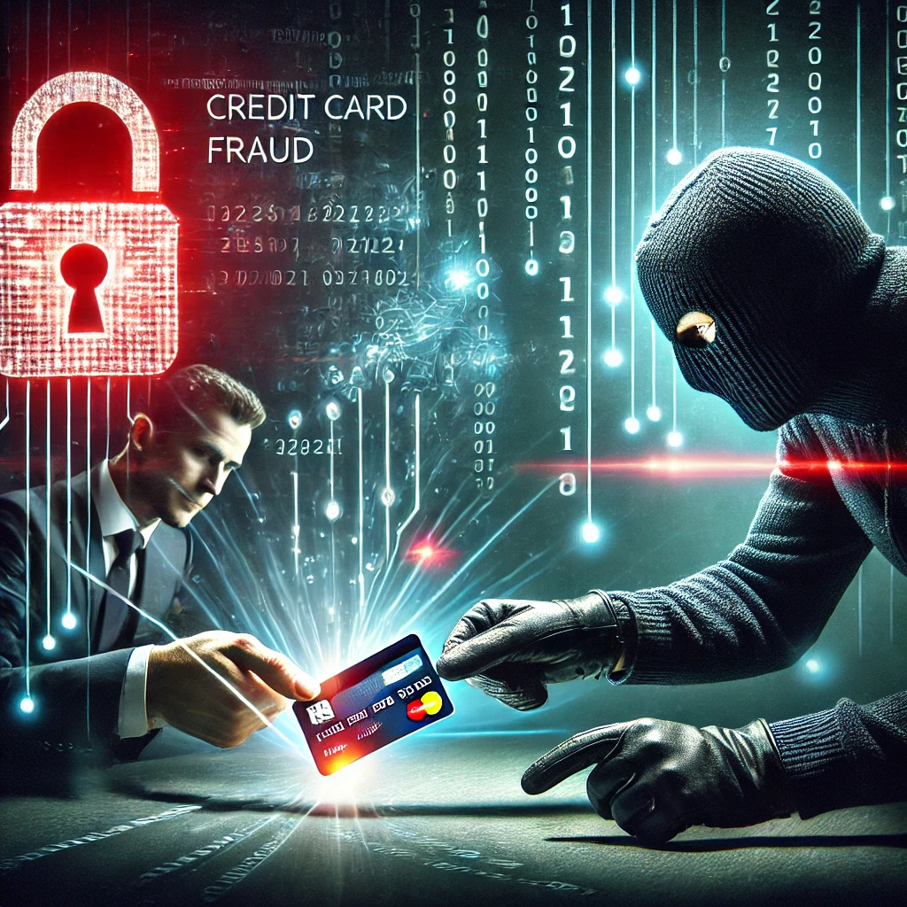 DALL·E 2025-03-05 09.47.14 – A highly detailed and clear illustration representing credit card fraud. A thief in dark clothing is stealing a credit card from an unaware person, wi Kreditkartenbetrug erkennen und vermeiden
