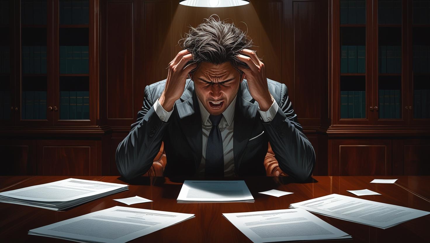 ein Person sitzt an einem Schreibtisch. Vor ihm liegen Vertragsunterlagen. Er schwitzt und rauft sich die Haare. Person ueberfordert mit Vertragsunterlagen - Finanzchaos vermeiden
