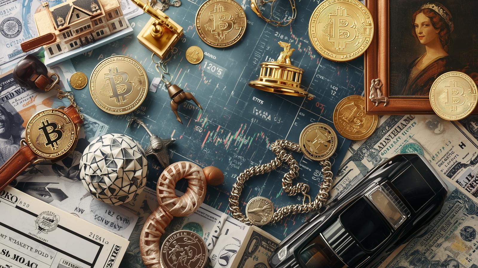 Erstelle ein Bild. Aktien, ETFs, Immobilien, Gold, Kunst, Oltimer, Anleihen, Sparbrief, Geld und Krypto Anlageklassen im Ueberblick - Aktien ETFs Immobilien Gold Krypto