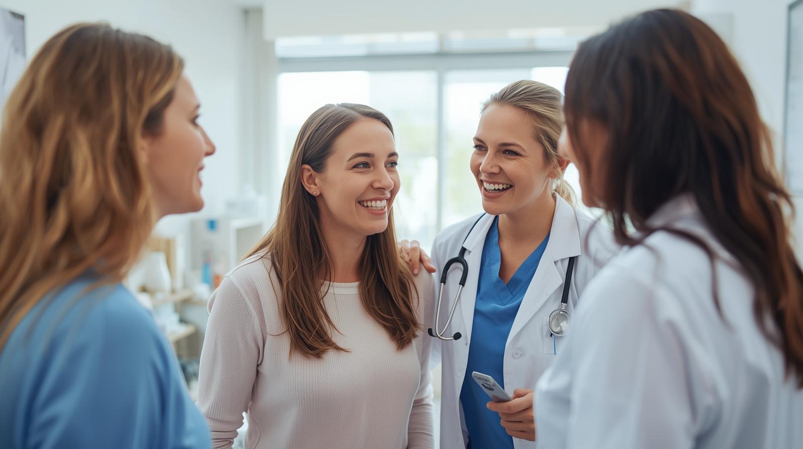 Glueckliche Patienten und freundliche Aerzte in der Praxis
